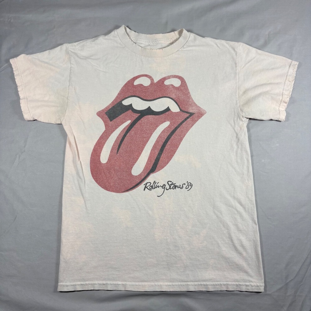 Rolling Stones 89 Distressed Graphic T-Shirt Mens Medium White Steel Wheels Rock